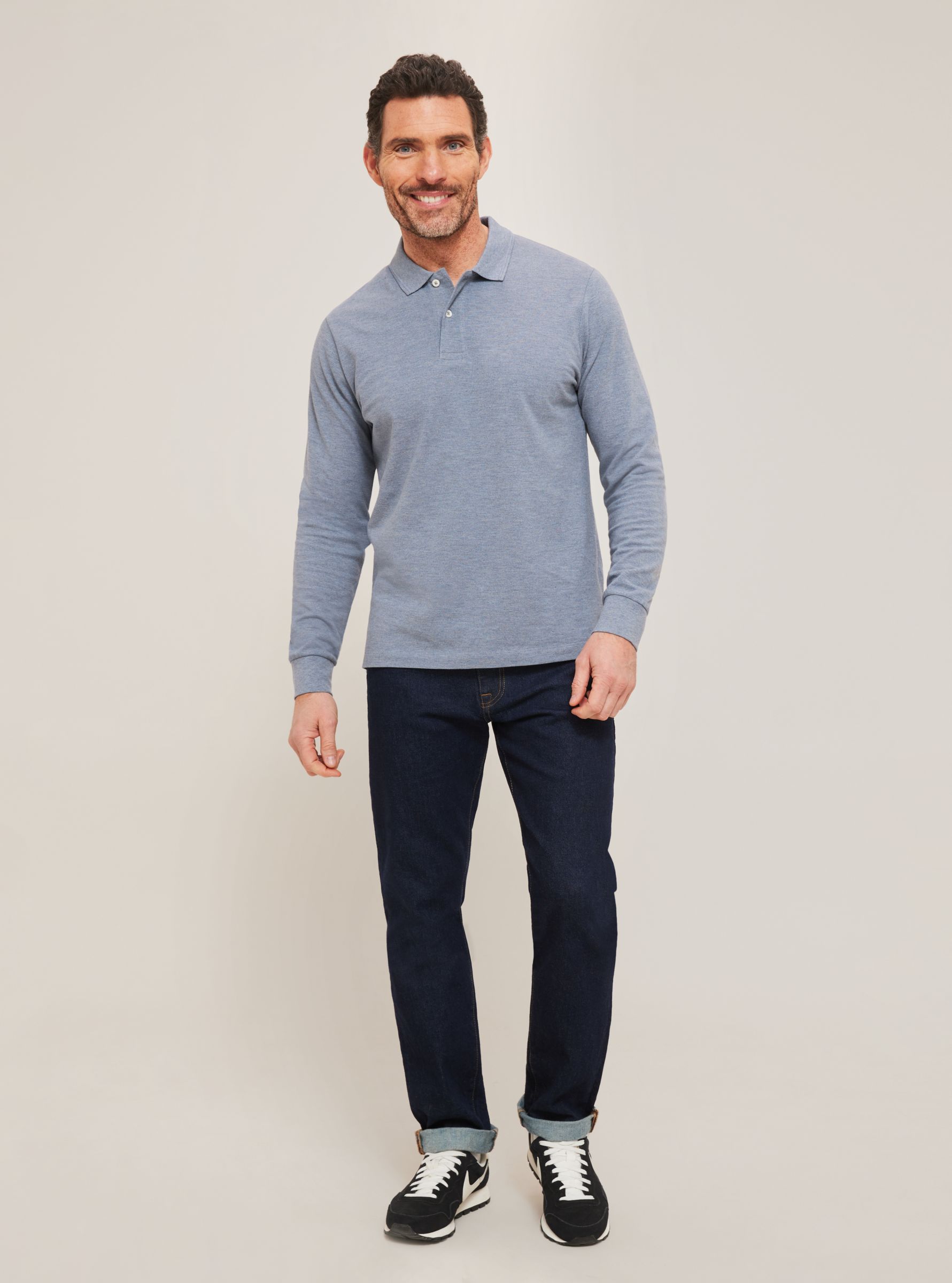 John Lewis Supima Cotton Long Sleeve Jersey Polo Shirt, Denim Melange, XL
