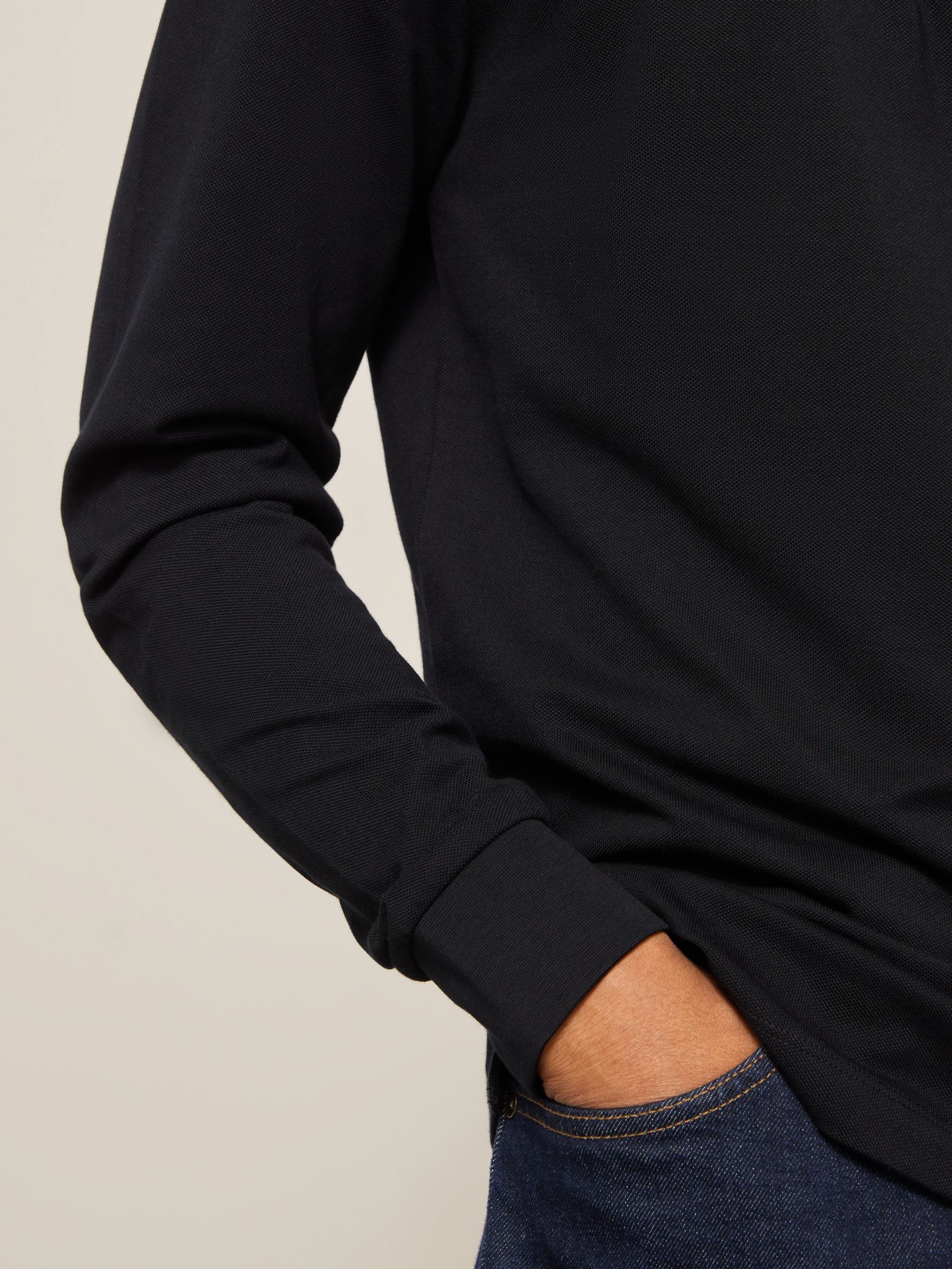 John Lewis Supima Cotton Long Sleeve Jersey Polo Shirt, Black, M