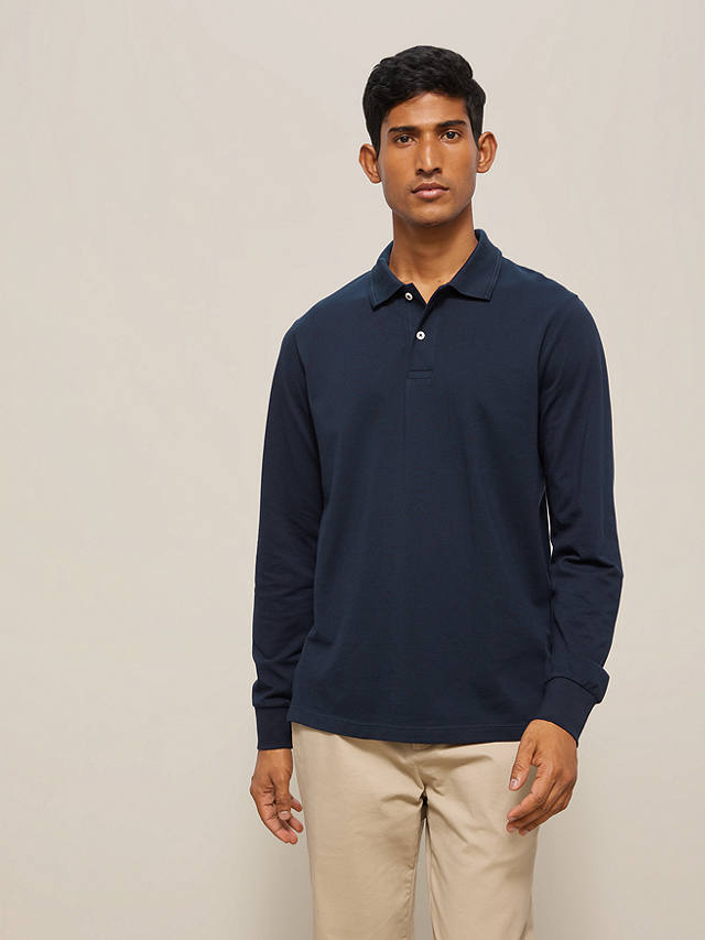John Lewis Supima Cotton Long Sleeve Jersey Polo Shirt, Navy