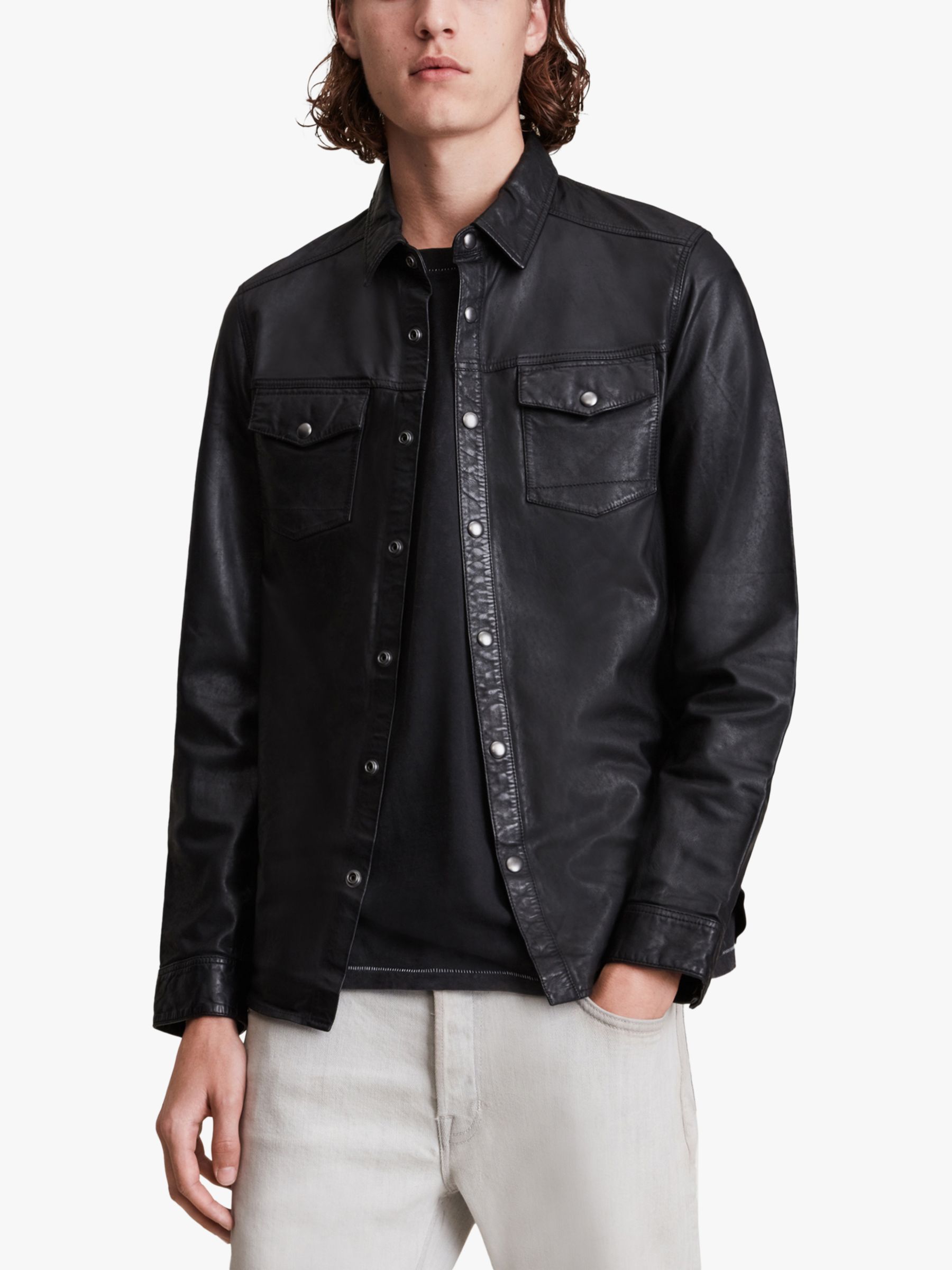 AllSaints Irwin Leather Overshirt, Black at John Lewis & Partners
