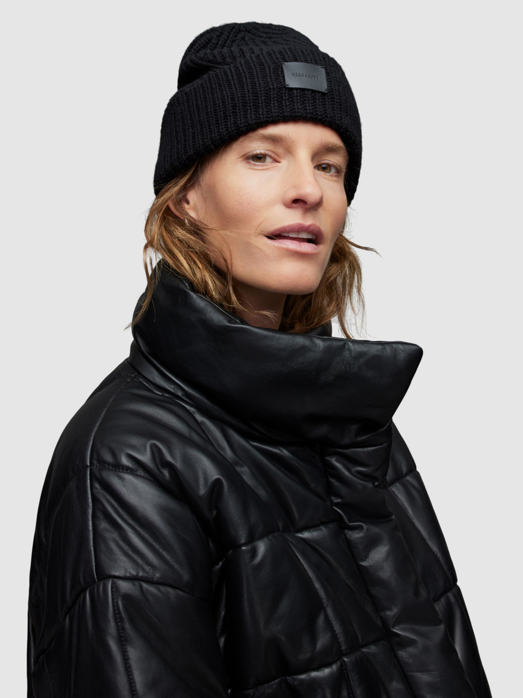 AllSaints Farren Wool Blend Beanie Hat, Black at John Lewis & Partners