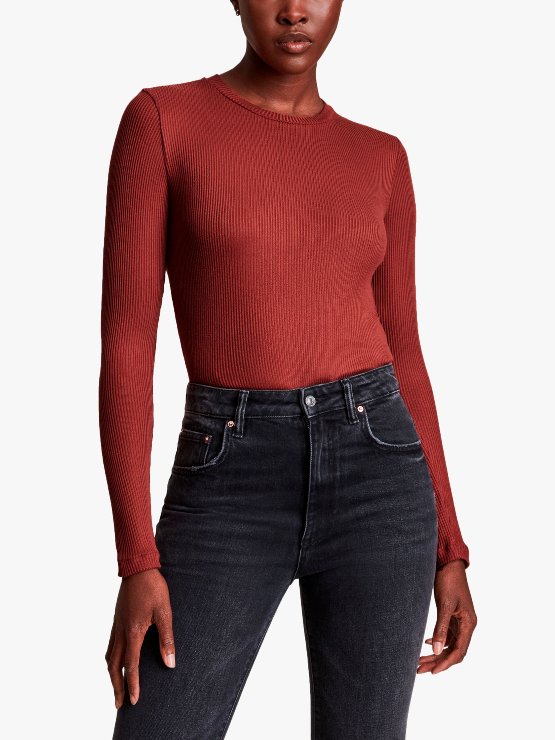 AllSaints Molly Long Sleeve Cut Out Back Bodysuit, Wild Berry Red