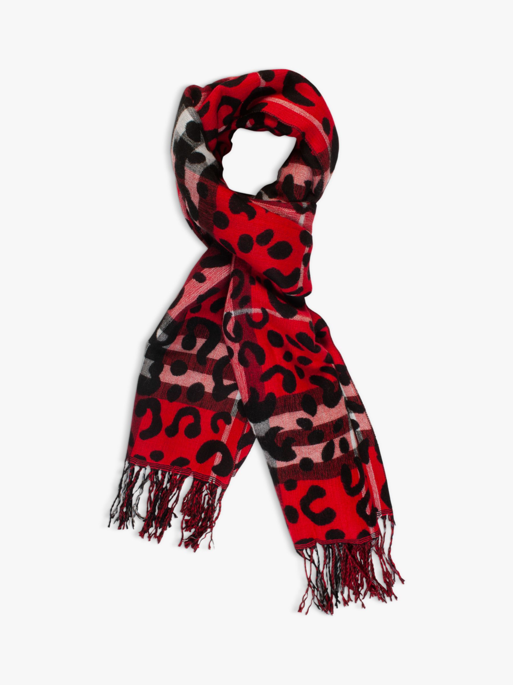 chesca Animal and Check Print Scarf, Red/Black at John Lewis & Partners