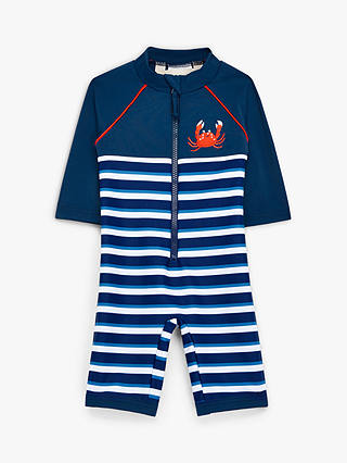 John Lewis Baby Crab Stripe All-In-One SunPro Swimsuit, Blue