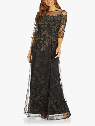 Adrianna Papell Embroidered Lace Maxi Dress, Black/Gold