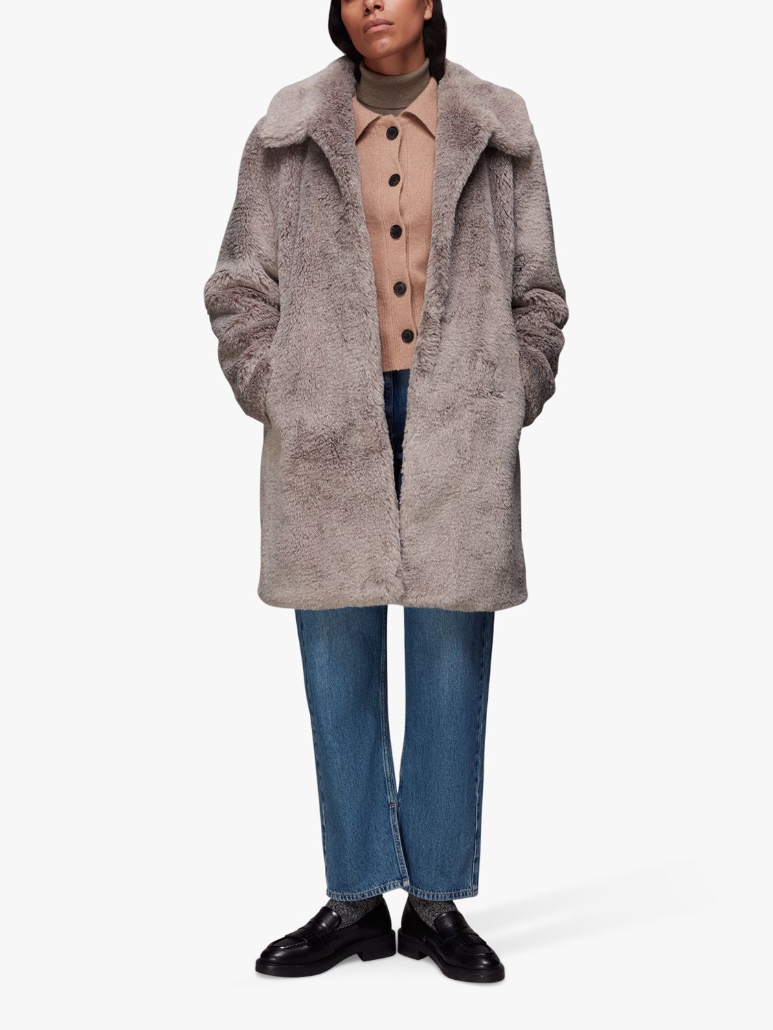 Whistles Imogen Faux Fur Coat, Grey at John Lewis & Partners