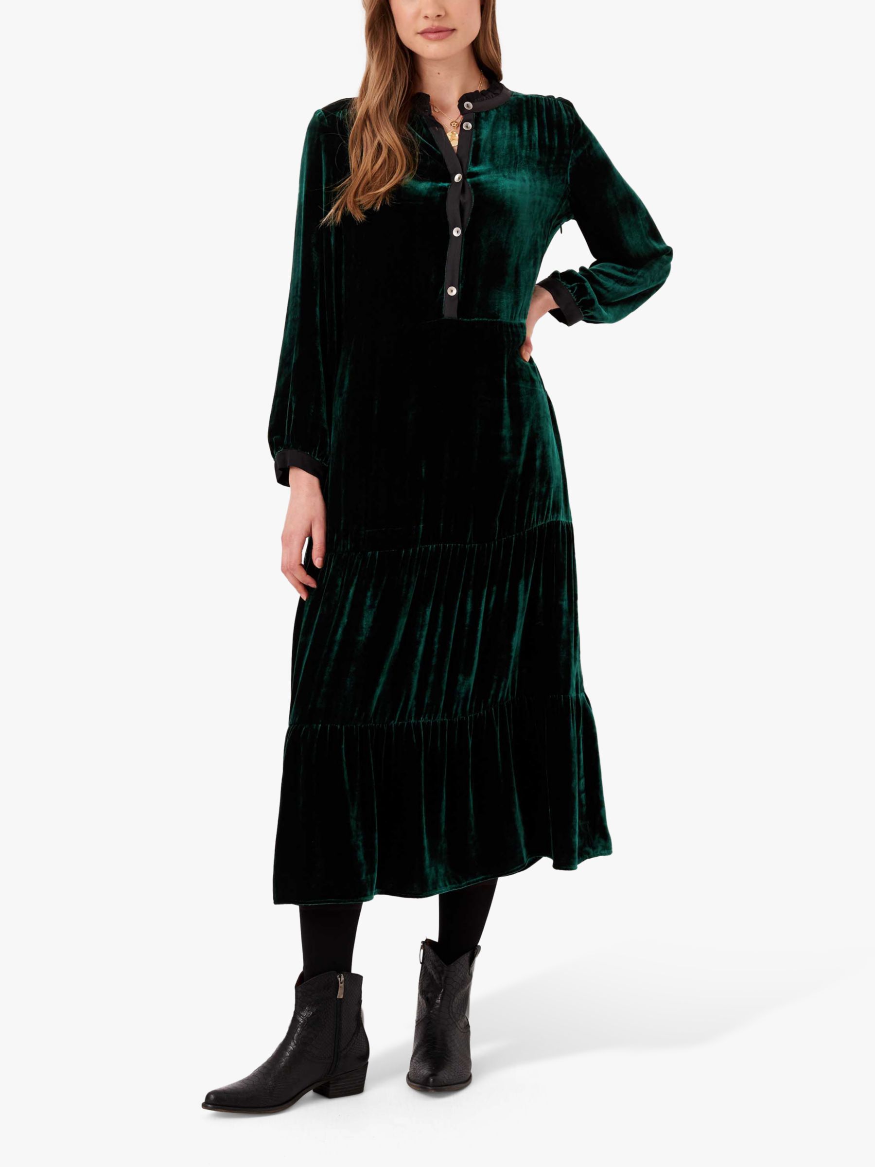 Brora Silk Velvet Tier Midi Dress, Bottle Green