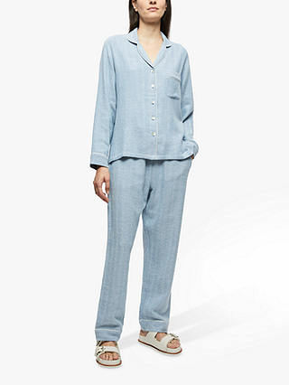 Jigsaw Cotton Herringbone Pyjama Set, Blue