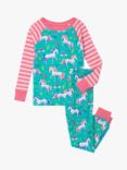 Hatley Kids' Organic Cotton Unicorn Stripe Print Pyjama Set, Aqua Blue