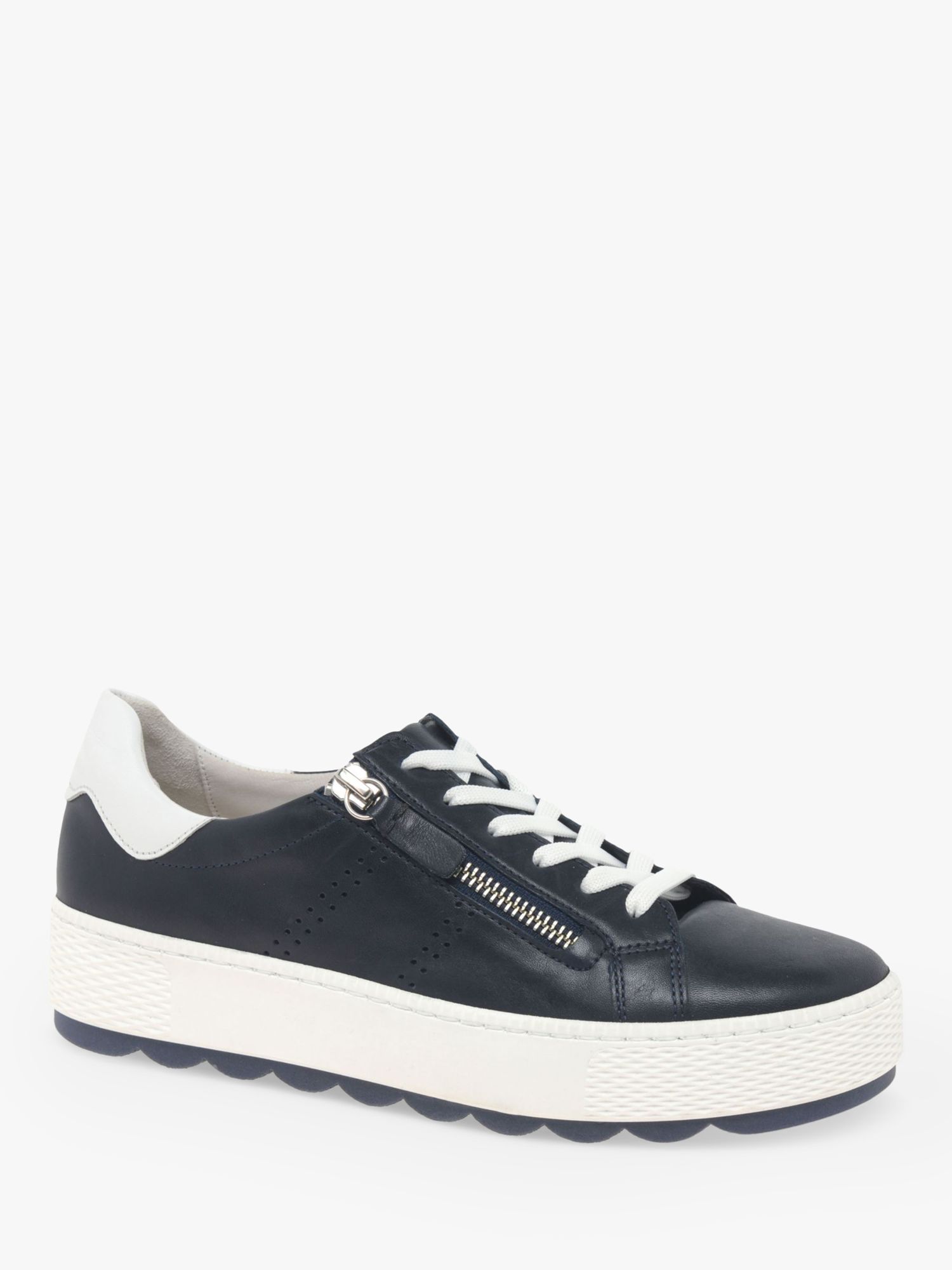 Gabor Quench Wide Fit Leather Zip Trim Trainers, Navy at John Lewis ...