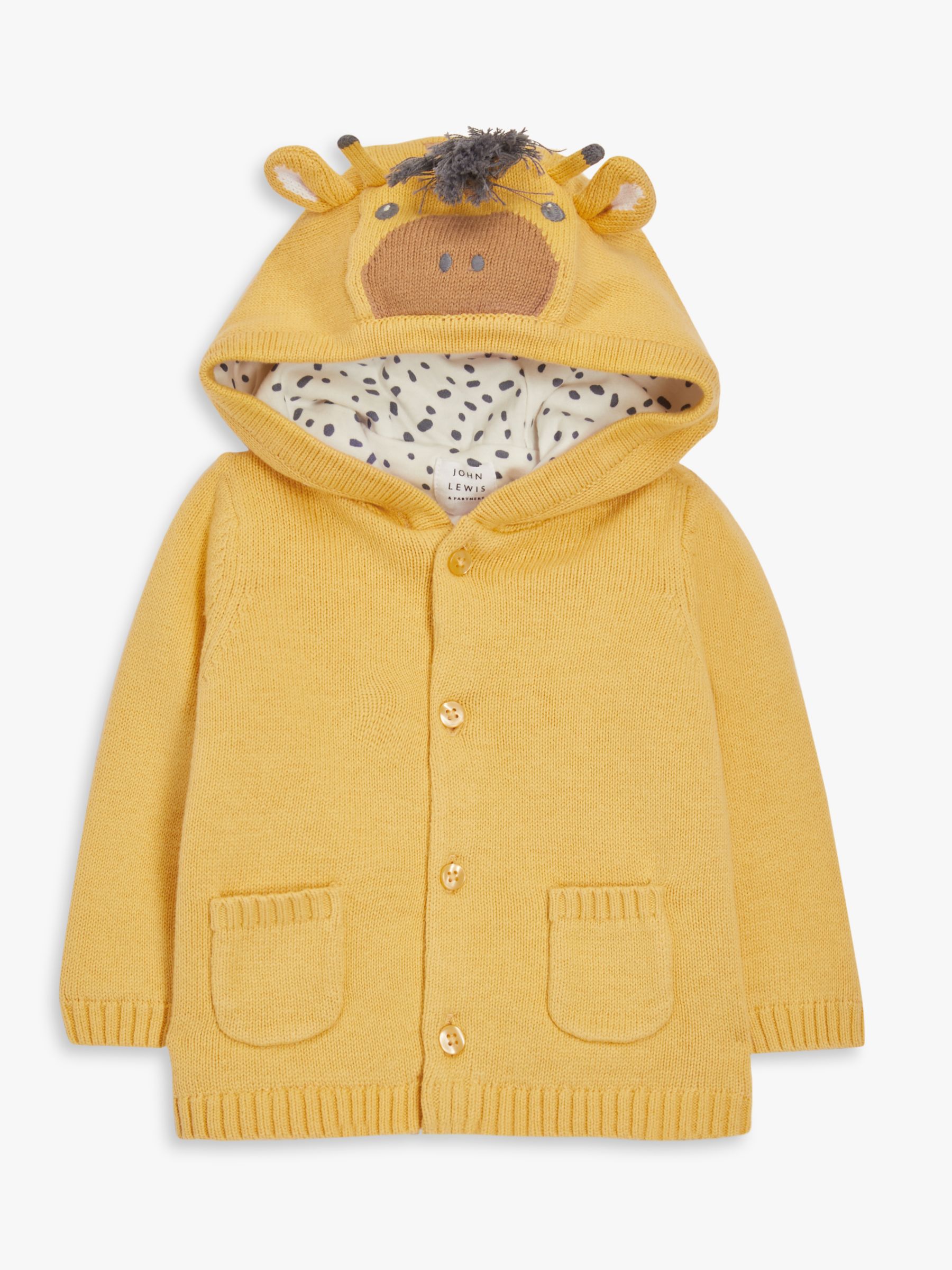 John Lewis Baby Giraffe Hood Knit Jacket, Yellow, Newborn