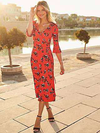 Sosandar Floral Print Midi Wrap Dress, Red/Black