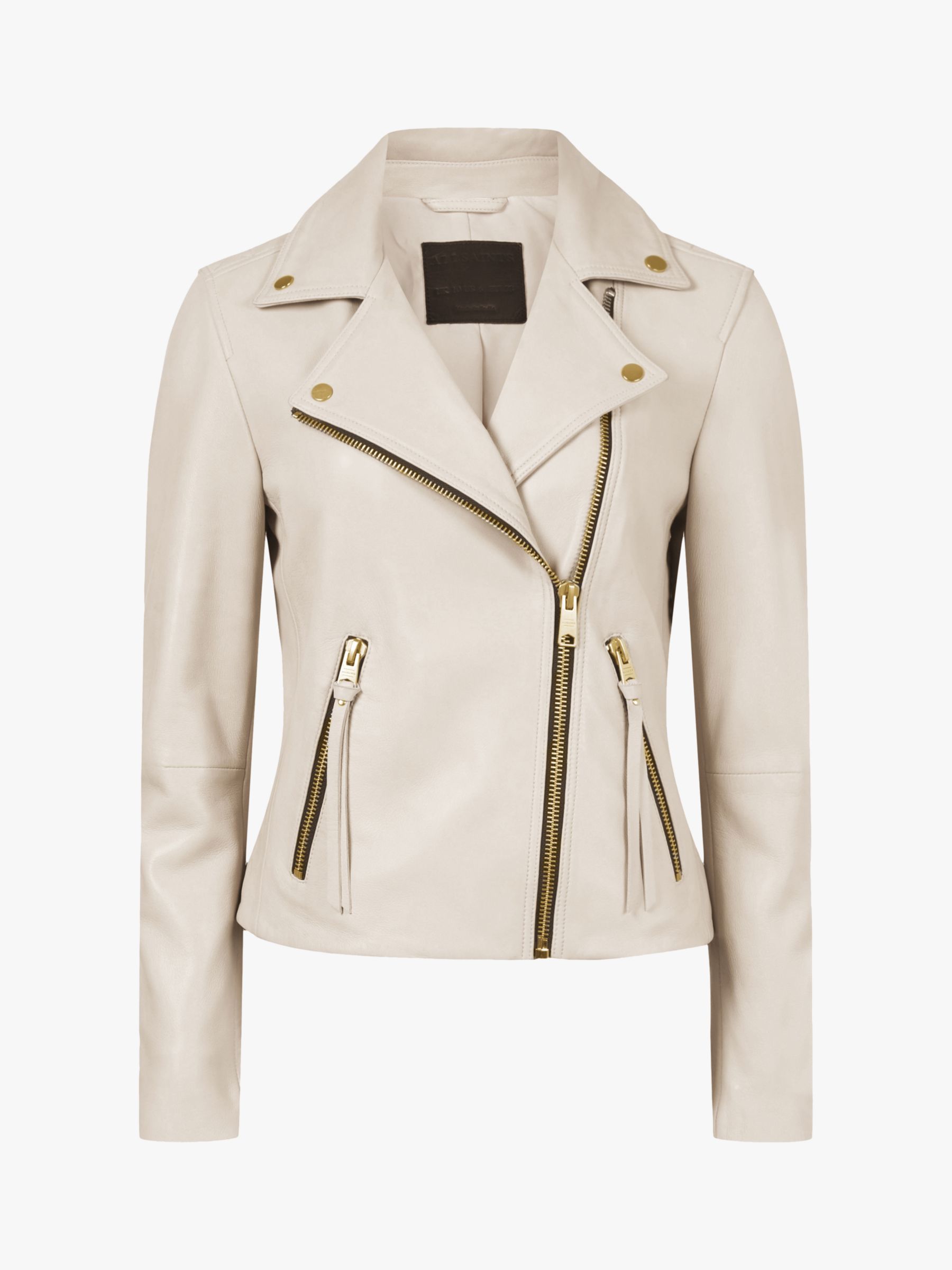 AllSaints Dalby Leather Biker Jacket, Ivory White at John Lewis & Partners