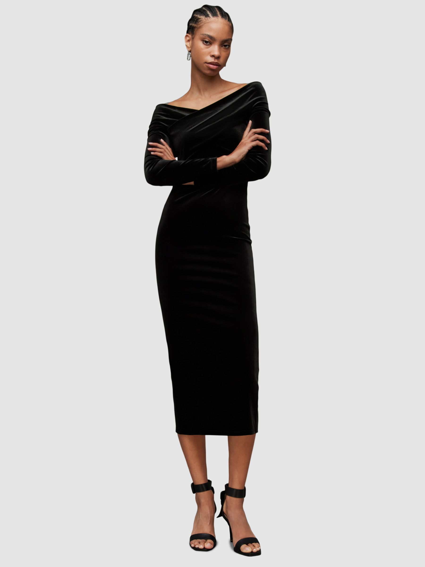 AllSaints Delta Velvet Bodycon Midi Dress, Black at John Lewis & Partners