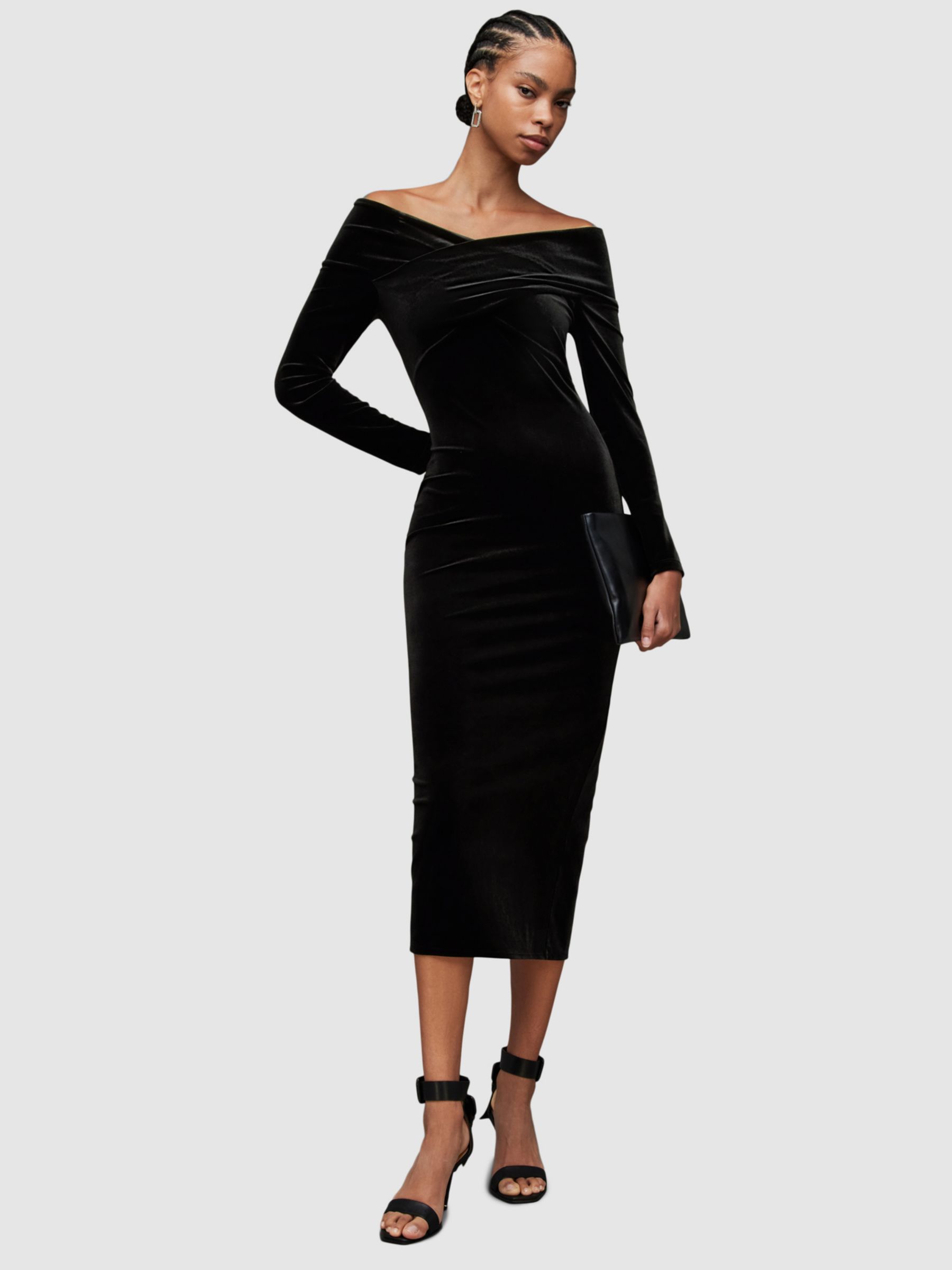 AllSaints Delta Velvet Bodycon Midi Dress, Black