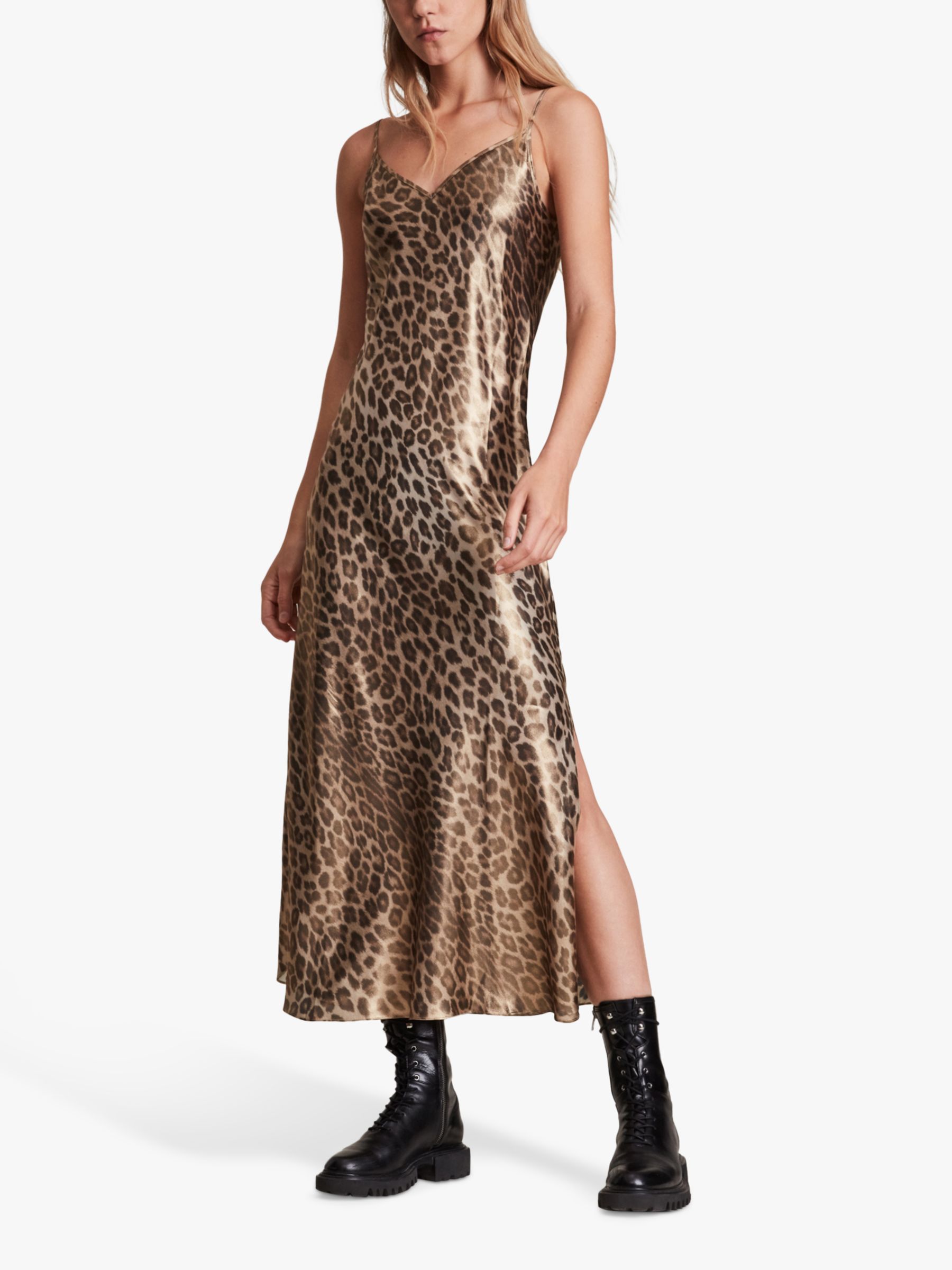 AllSaints Karla Leopard Print Skirt 2-in-1 Slip Dress, Black/Copper