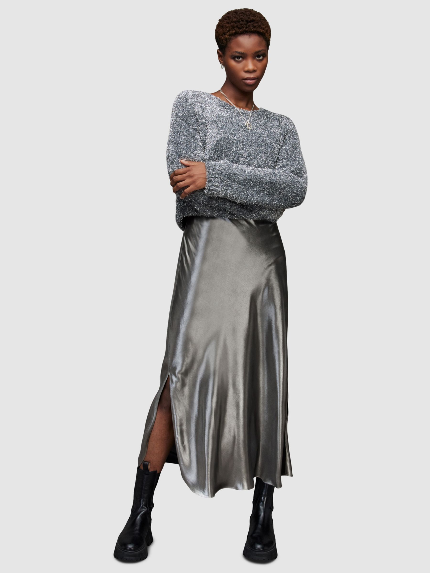 AllSaints Rosetta Tinsel Jumper Midi Dress, Black/Silver