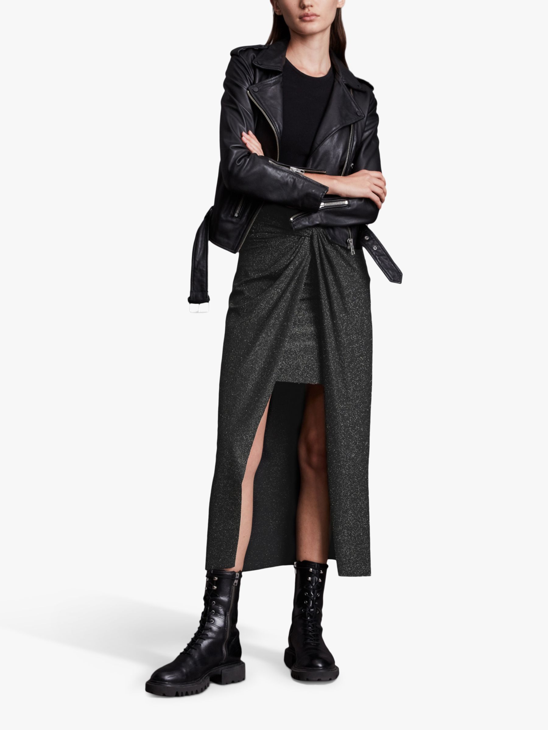 AllSaints Sami Metallic Hi-Low Skirt, Gunmetal Grey 10 female 88% polyamide, 8% elastane, 4% metallised fibres