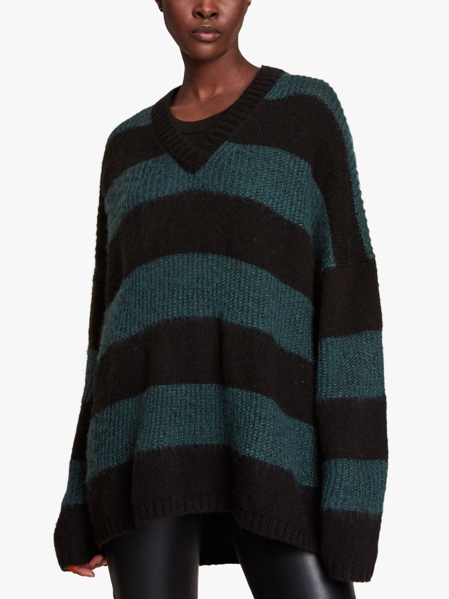 AllSaints Lou Sparkle V-Neck Stripe Jumper, Black/Forest Green