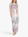 Adrianna Papell Matelasse Floral Print Column Maxi Dress, Champagne/Multi