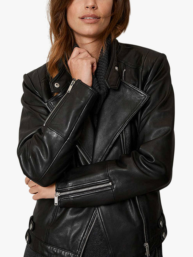 Mint Velvet Slim Zip Leather Jacket, Black Leather Rugged Jacket Womens