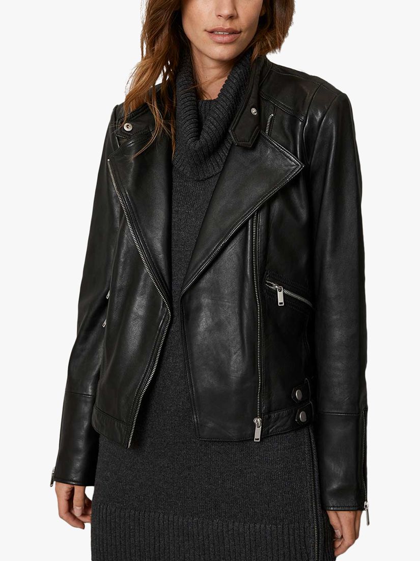 Mint Velvet Slim Zip Leather Jacket, Black at John Lewis & Partners