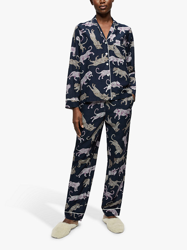 Jigsaw Leopard Print Pyjama Set, French Navy/Multi, XS