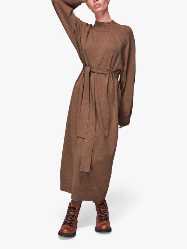 Whistles Funnel Neck Belted Maxi Jumper Wool Dress, Camel, XS