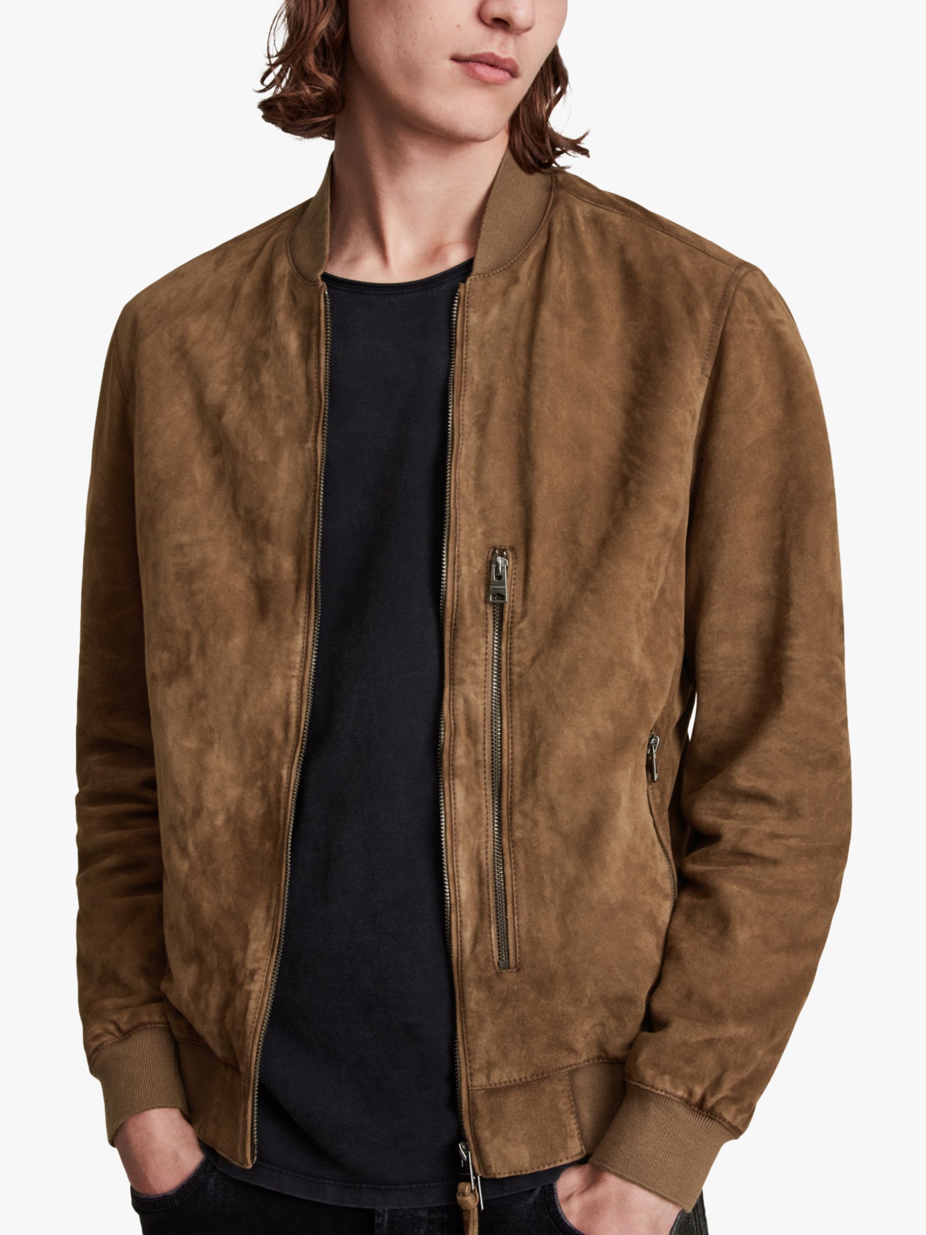 AllSaints Bergen Suede Bomber Jacket, Mocha Brown