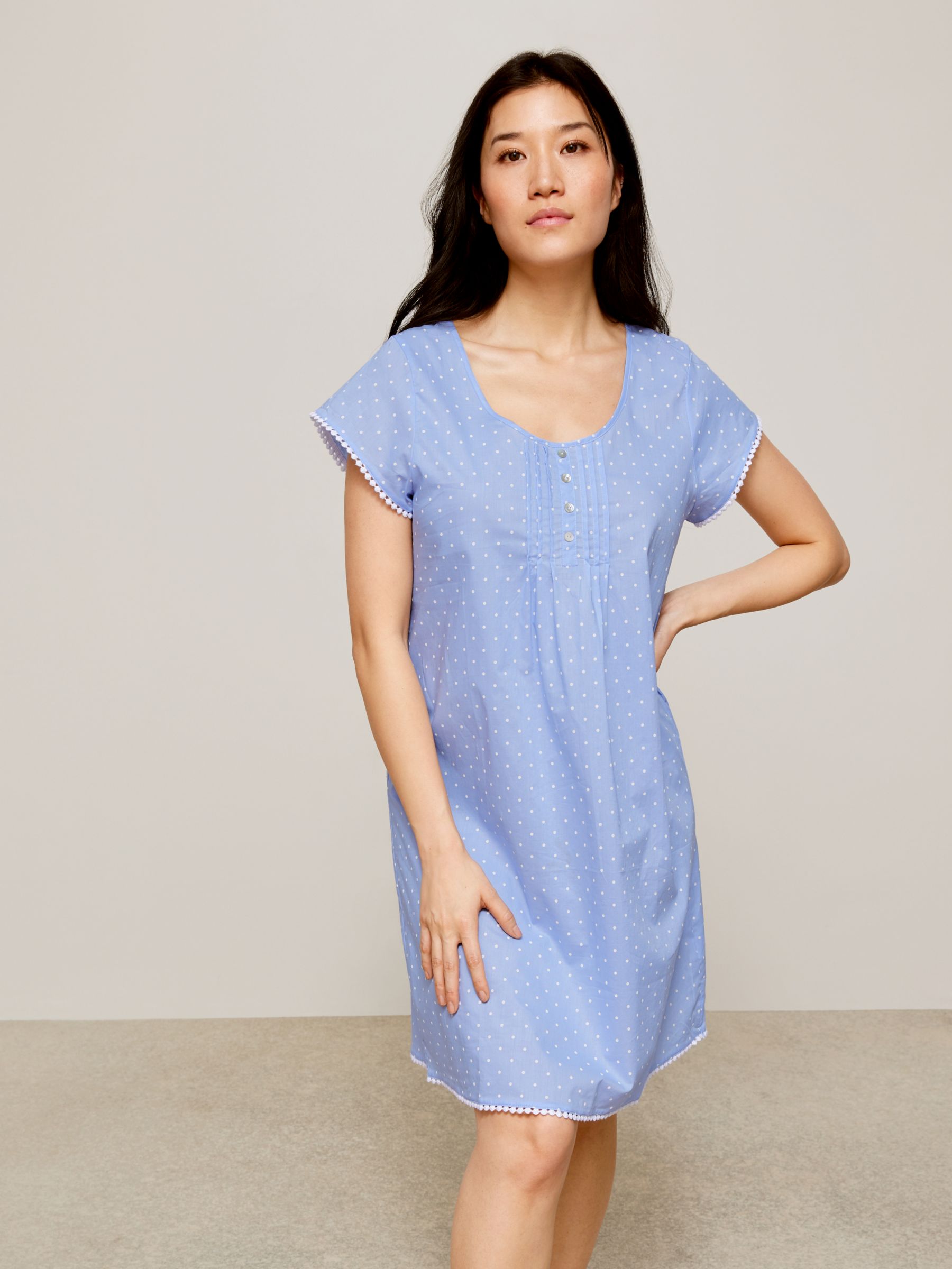 Navy Spot Nightdress with Polka Dot Edging and Bow Detail