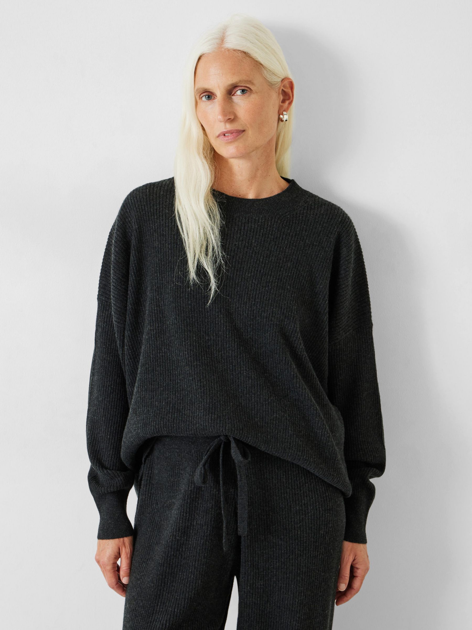 HUSH Mae Relaxed Cashmere Lounge Top, Charcoal Marl, XXS