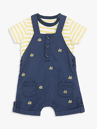 John Lewis Baby Bee Embroidered Short Dungaree Set, Navy