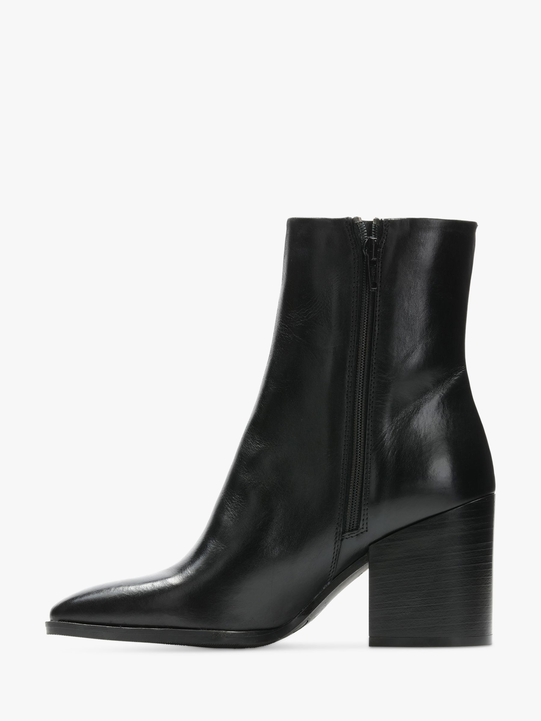 Clarks Lydia Mid Leather Stacked Heel Ankle Boots, Black at John Lewis ...