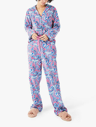 HUSH Joy Jungle Print Organic Cotton Flannel Pyjama Set, Pink/Green