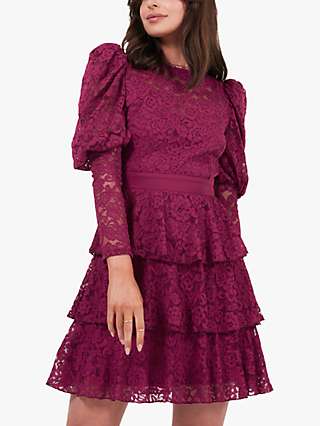 Little Mistress Lace Ruffle Tiered Mini Dress, Purple