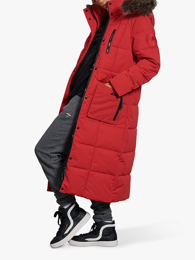 Superdry Longline Faux Fur Collar Quilted Jacket, High Risk Red