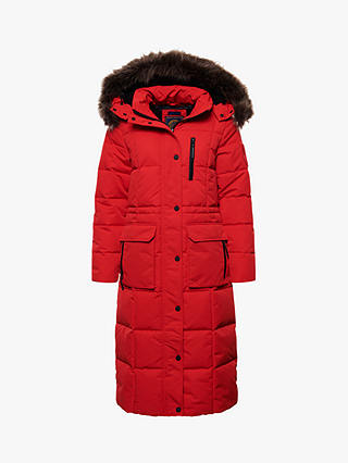 Superdry Longline Faux Fur Collar Quilted Jacket, High Risk Red