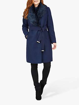 Yumi Faux Fur Collar Wrap Coat, Navy