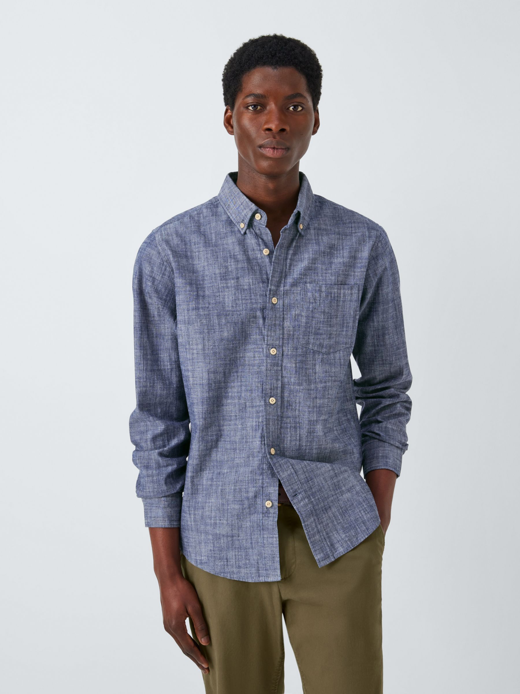 John Lewis Plain Chambray Long Sleeve Shirt, Blue, S