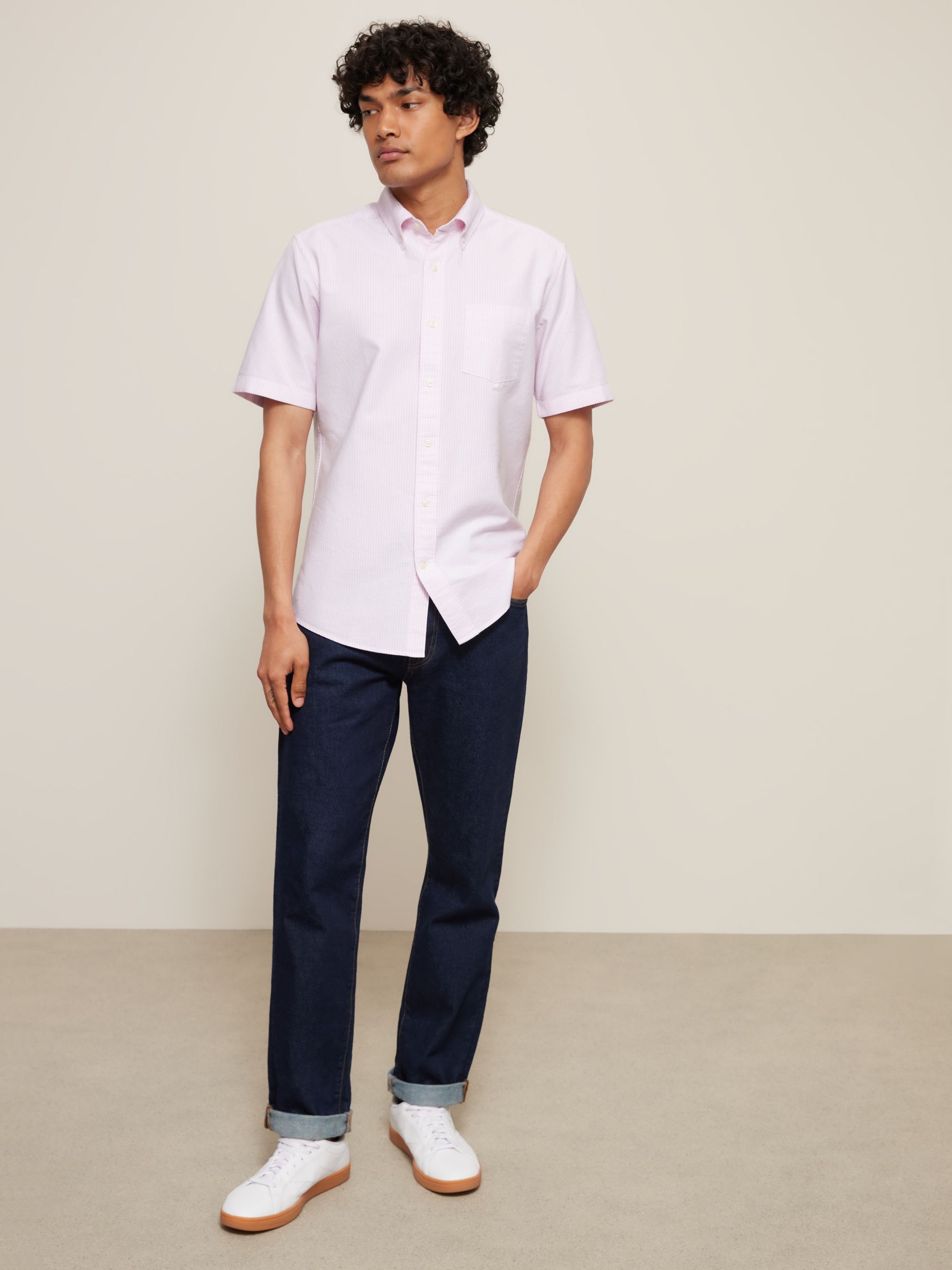 John Lewis Regular Fit Short Sleeve Stripe Shirt, Pink, S