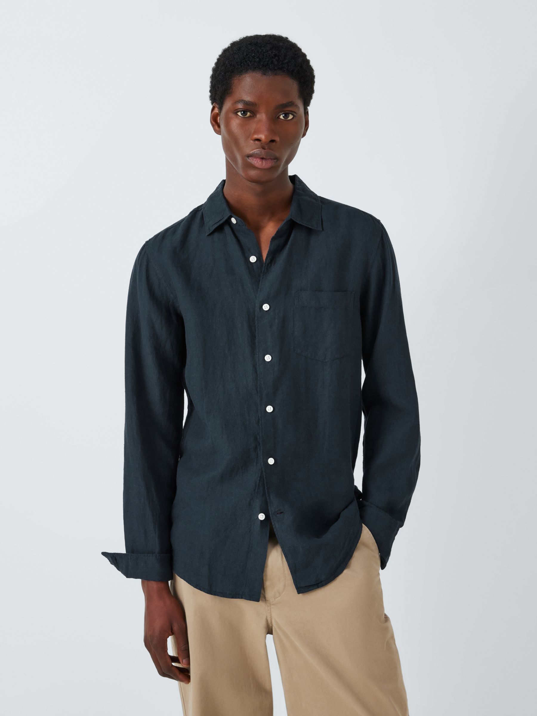 John Lewis Linen Regular Fit Shirt, Navy at John Lewis & Partners