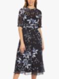 Adrianna Papell Plus Floral Print Ruffle Midi Dress, Black/Blue/Multi