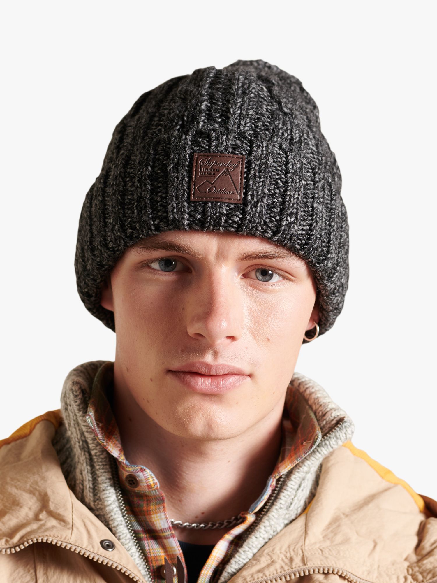 Superdry Trawler Cable Knitted Bobble Hat, Charcoal/Black at John Lewis ...