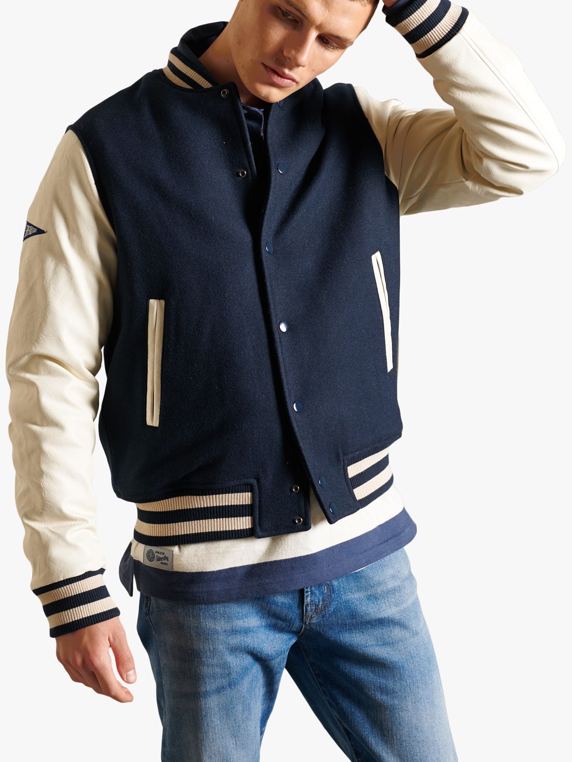 Jacks N Hoods Navy Blue Varsity Jacket White Leather Sleeves Black Stripes - Jack N Hoods L