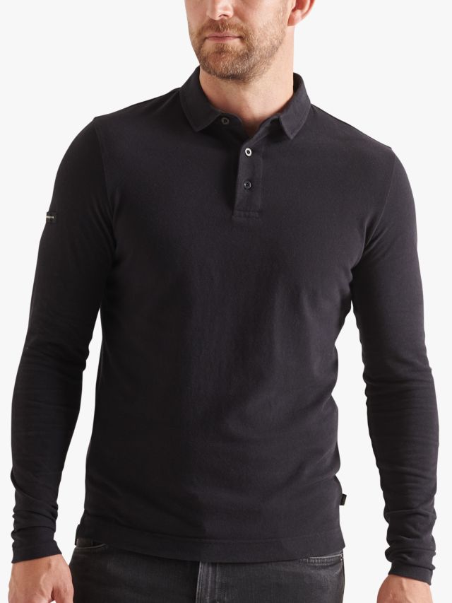 Superdry Studios Organic Cotton Long Sleeve Polo Shirt, Black, S