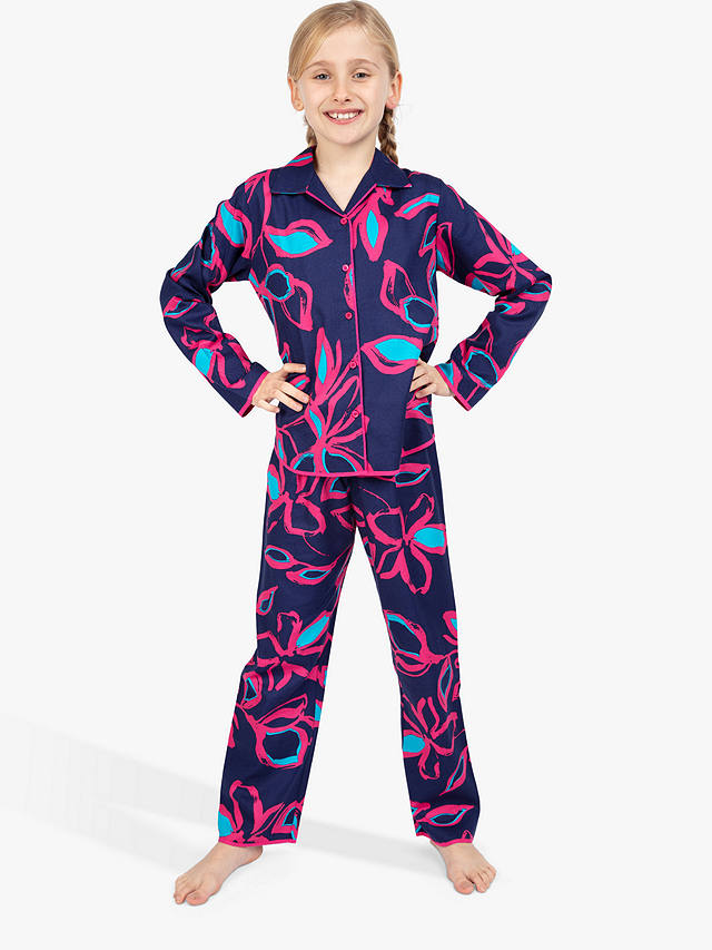 Cyberjammies Kids' Charlotte Floral Print Pyjama Set, Navy/Pink