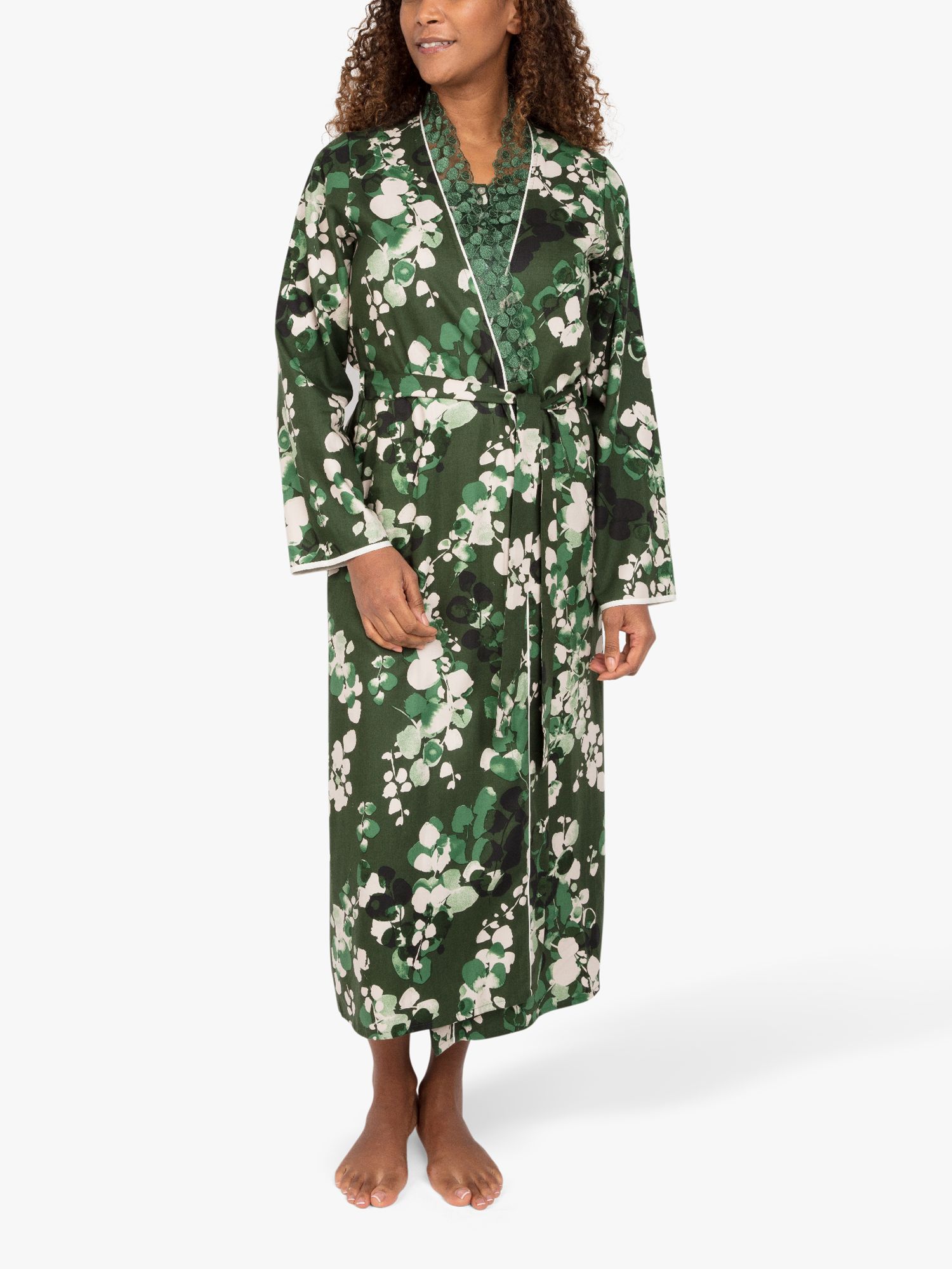 Cyberjammies Marilyn Lace Trim Leaf Print Dressing Gown, Olive/Multi