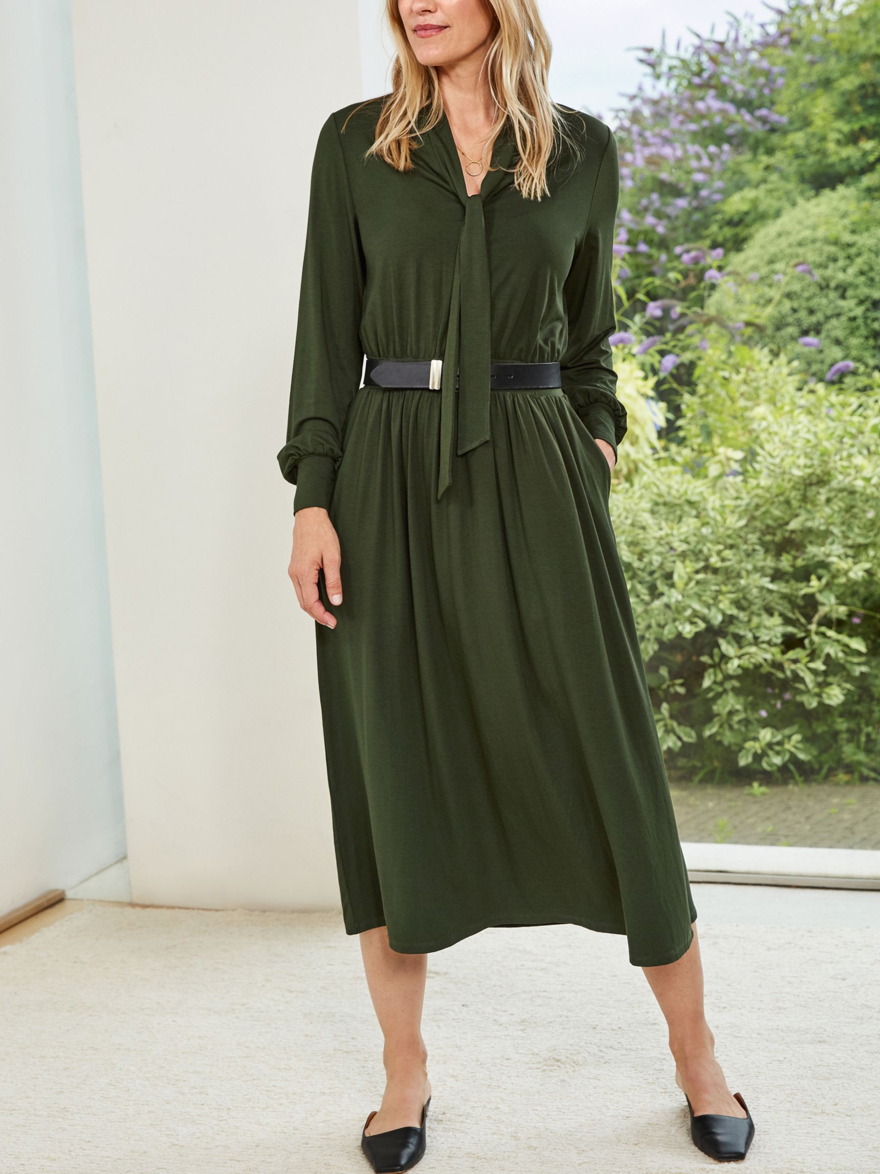 Buy Baukjen Clare LENZING™ ECOVERO™ Tie Neck Midi Dress, Dark Khaki Online at johnlewis.com