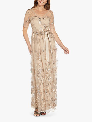 Adrianna Papell Embroidered Long Dress, Champagne Gold