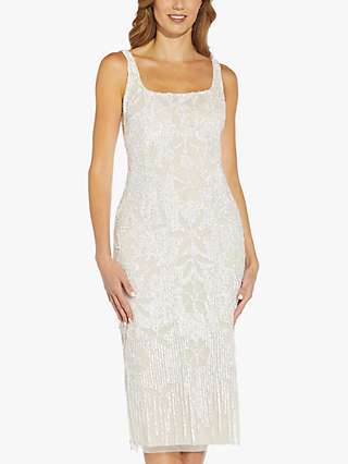 Adrianna Papell Beaded Square Neck Knee Length Dress, Ivory/Pearl
